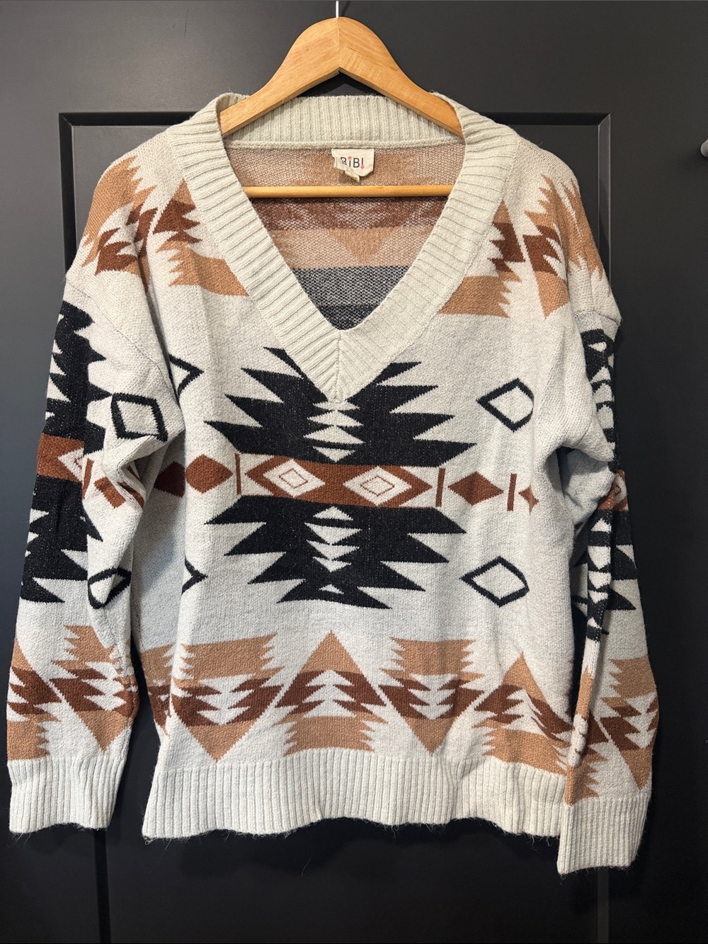 BiBi Women’s V-Neck Southwestern Pattern Sweater - Cream, Brown & Black